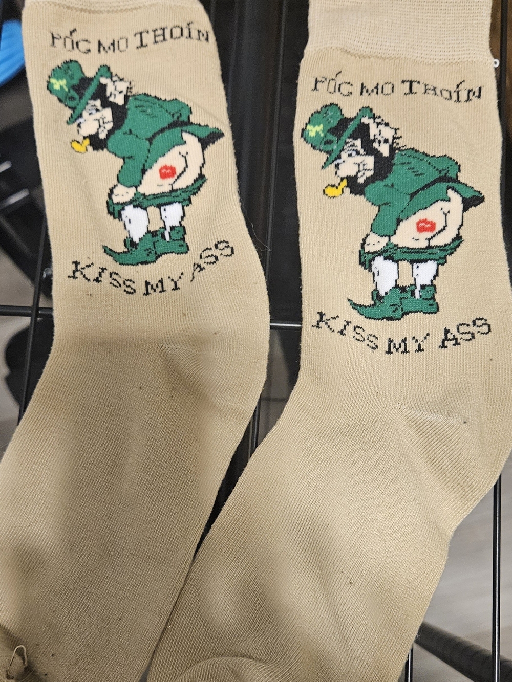 Kiss My Ass Novelty Beige Socks with Leprechaun Graphic